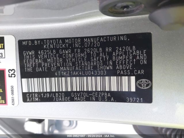 4T1KZ1AK4LU043303 Toyota Camry Xse V6