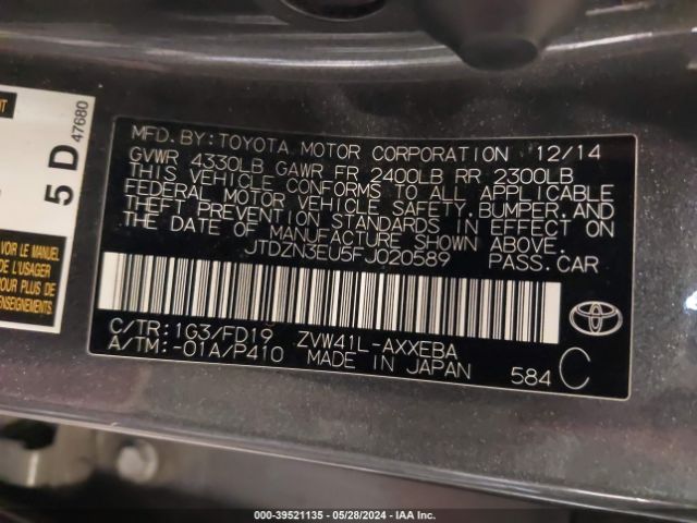 JTDZN3EU5FJ020589 Toyota Prius V Three