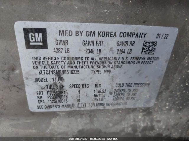 KL7CJNSM8NB516235 Chevrolet Trax Awd Ls