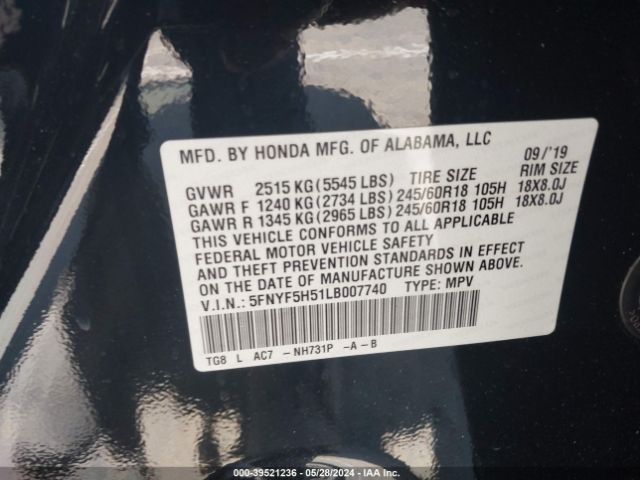 5FNYF5H51LB007740 Honda Pilot 2wd Ex-l