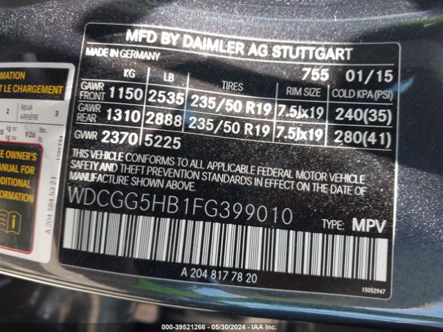 WDCGG5HB1FG399010 Mercedes-Benz GLK 350