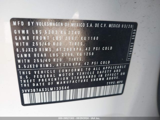3VV3B7AX3LM133544 Volkswagen Tiguan 2.0t Se/2.0t Se R-line Black/2.0t Sel