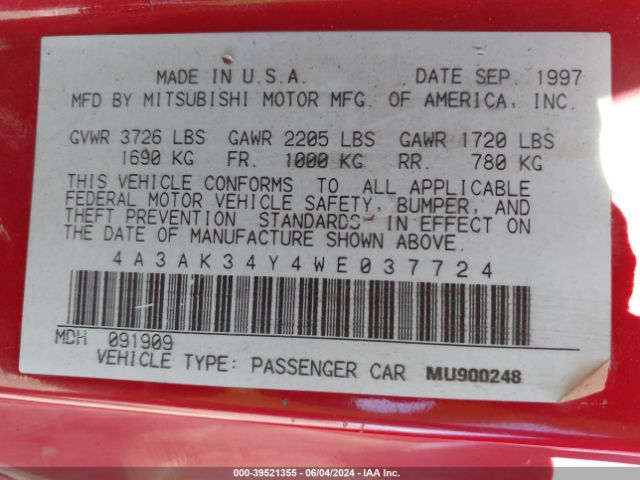 1998 MITSUBISHI ECLIPSE 4A3AK34Y4WE037724 Photo 8