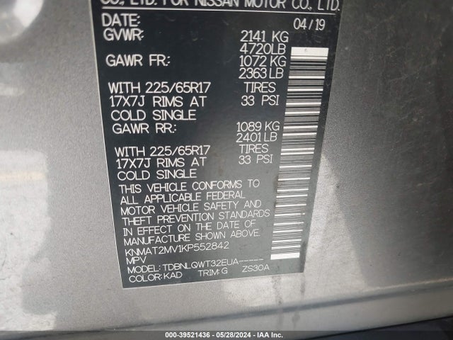 Nissan ROGUE SV 2019 KNMAT2MV1KP552842 Image 9