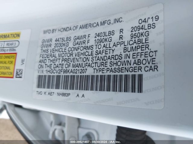 1HGCV2F96KA021207 Honda Accord Touring 2.0t