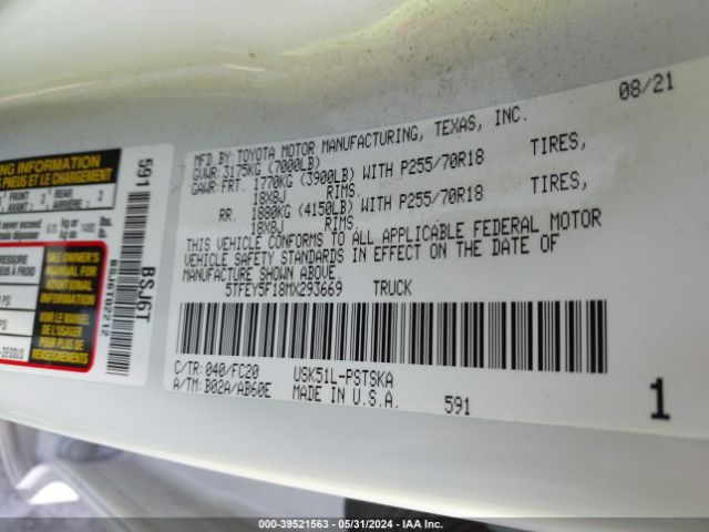 5TFEY5F18MX293669 Toyota Tundra Sr5