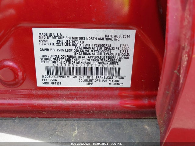 4A4AP3AU9FE005396 Mitsubishi Outlander Sport Es
