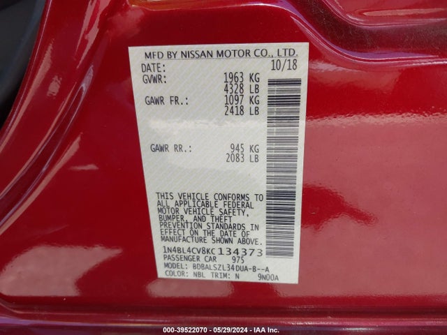 Nissan Altima 2.5 Sr 2019 1N4BL4CV8KC134373 Image 9
