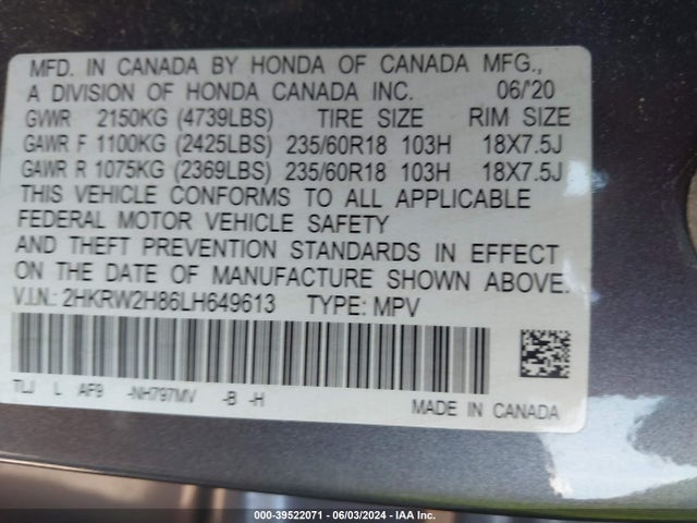 Honda Cr-v Awd Ex-l 2020 2HKRW2H86LH649613 Image 9