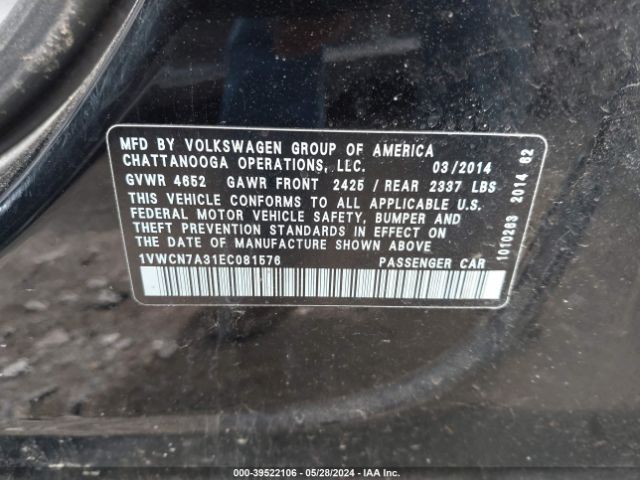 1VWCN7A31EC081576 Volkswagen Passat 2.0l Tdi Sel Premium