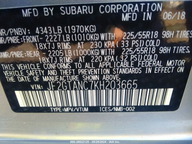 JF2GTANC7KH203665 Subaru Crosstrek 2.0i Limited