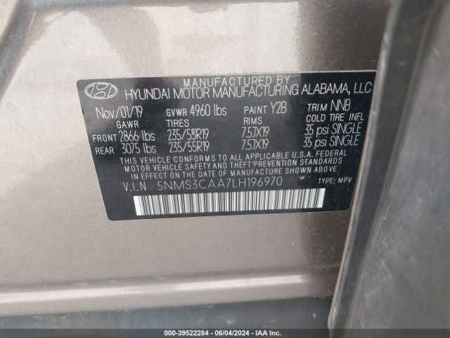 5NMS3CAA7LH196970 Hyundai Santa Fe Sel 2.0t