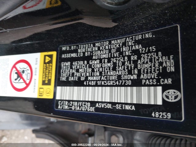 Toyota CAMRY LE 2016 4T4BF1FK5GR547730 Image 9