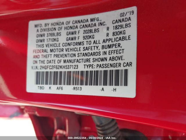 2HGFC2F62KH537123 Honda Civic Lx