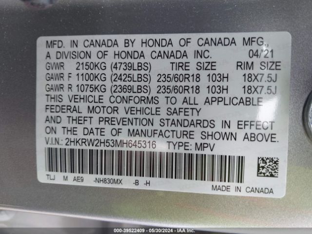 2HKRW2H53MH645316 Honda Cr-v Awd Ex