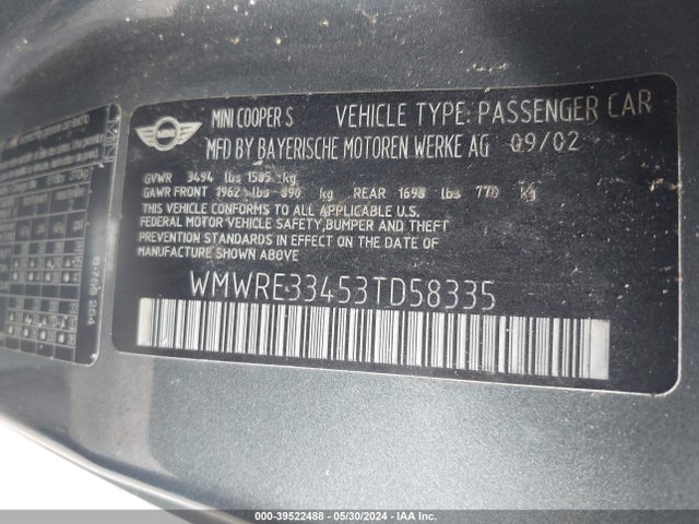 2003 MINI COOPER S WMWRE33453TD58335 Photo 8