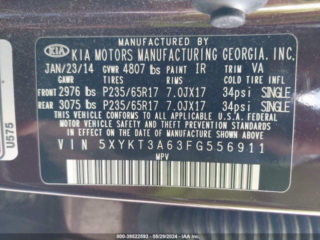 KIA SORENTO LX 2015 5XYKT3A63FG556911 Image 9