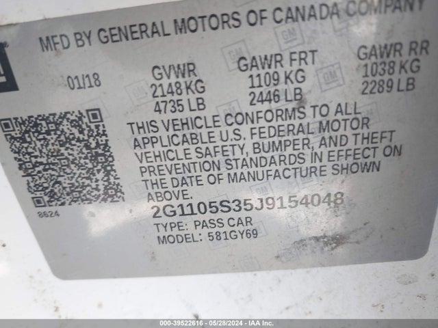 Chevrolet IMPALA 1LT 2018 2G1105S35J9154048 Image 9