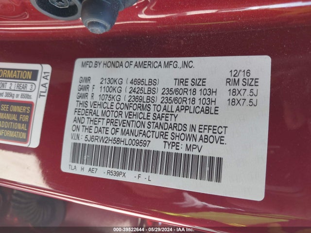 Honda CR-V EX 2017 5J6RW2H58HL009597 Image 9