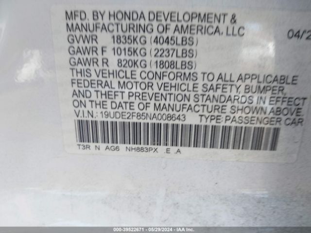 19UDE2F85NA008643 Acura Ilx Premium   A-spec Packages/technology   A-spec Packages