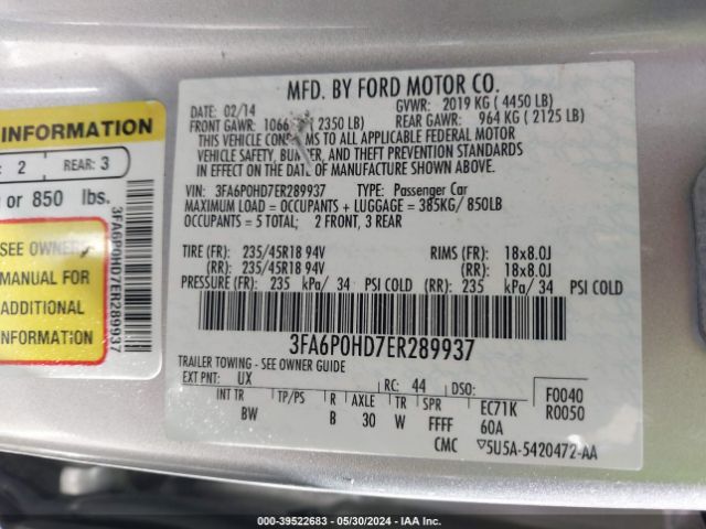 3FA6P0HD7ER289937 Ford FUSION SE