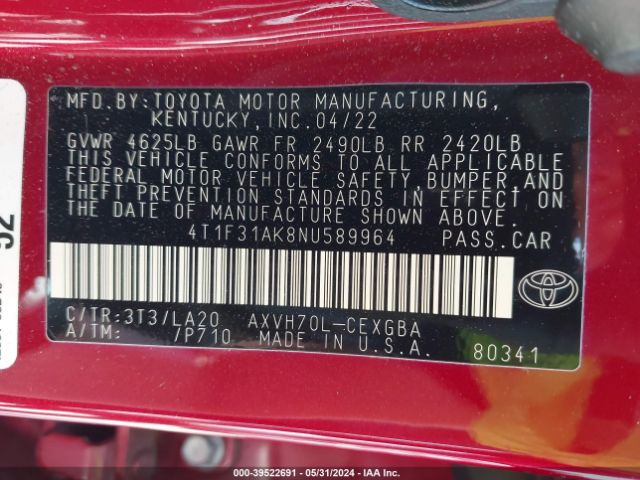 4T1F31AK8NU589964 Toyota Camry Xle Hybrid