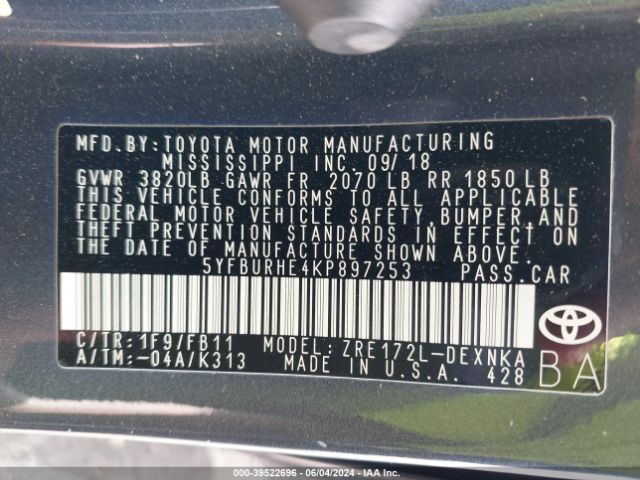 5YFBURHE4KP897253 Toyota COROLLA LE