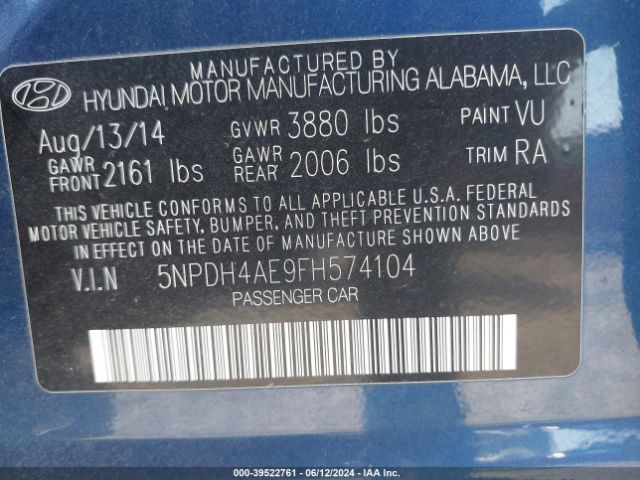 5NPDH4AE9FH574104 Hyundai ELANTRA SE