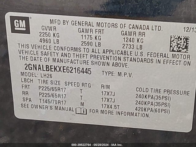 Chevrolet EQUINOX 1LT 2014 2GNALBEKXE6216445 Image 9