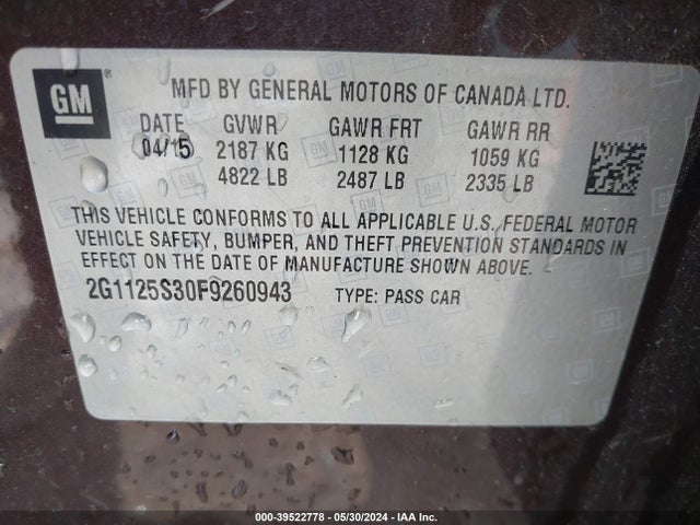 Chevrolet Impala 2lt 2015 2G1125S30F9260943 Image 9