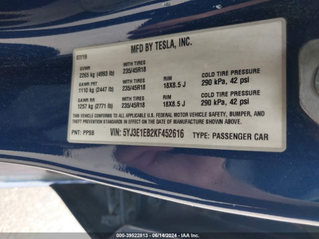 5YJ3E1EB2KF452616 Tesla Model 3 Long Range/performance