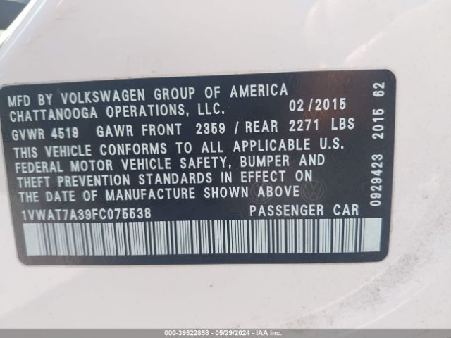 1VWAT7A39FC075538 Volkswagen Passat 1.8t Limited Edition