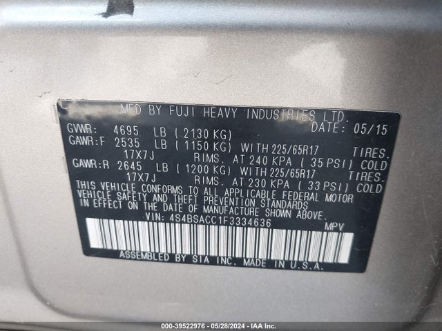 Subaru Outback 2.5i Premium 2015 4S4BSACC1F3334636 Image 9