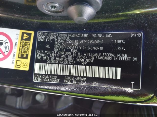 5TDBZRFH6KS954722 Toyota Highlander Le