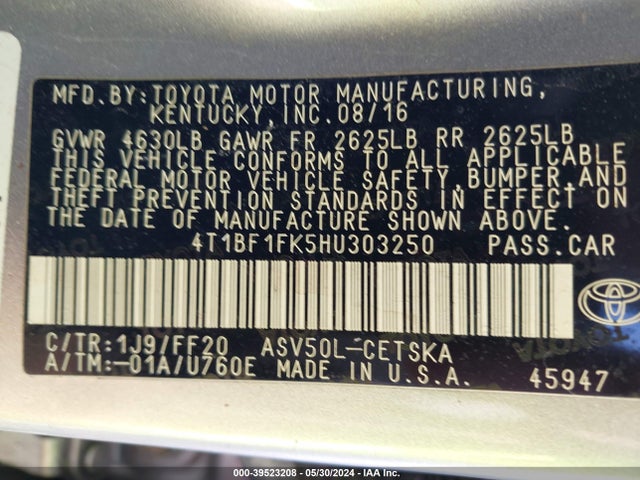 Toyota CAMRY SE 2017 4T1BF1FK5HU303250 Image 9
