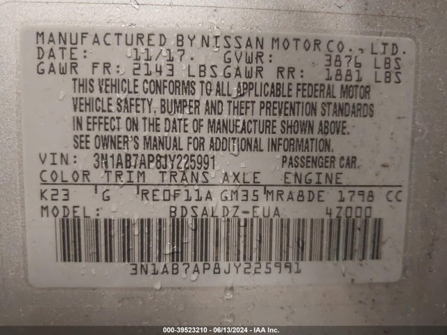 Продаж на аукціоні авто 2018 Nissan Sentra Sv, vin: 3N1AB7AP8JY225991, номер лоту: 39523210