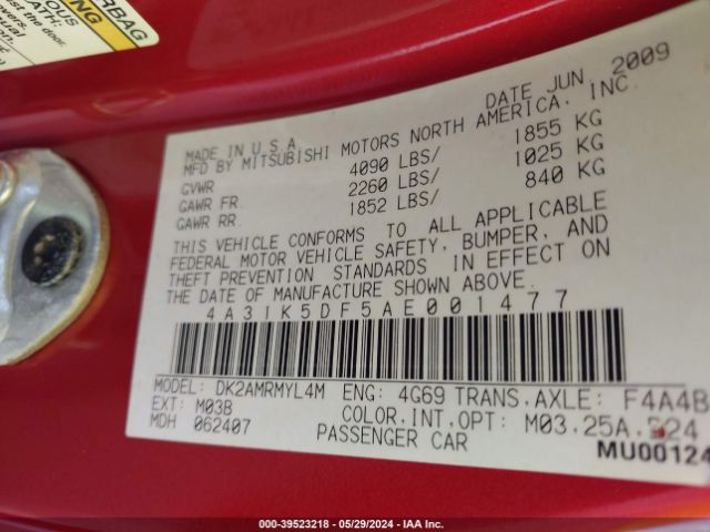 2010 MITSUBISHI ECLIPSE 4A31K5DF5AE001477 Photo 8