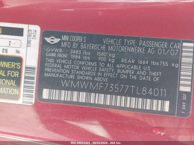 2007 MINI COOPER S WMWMF73577TL84011 Photo 8