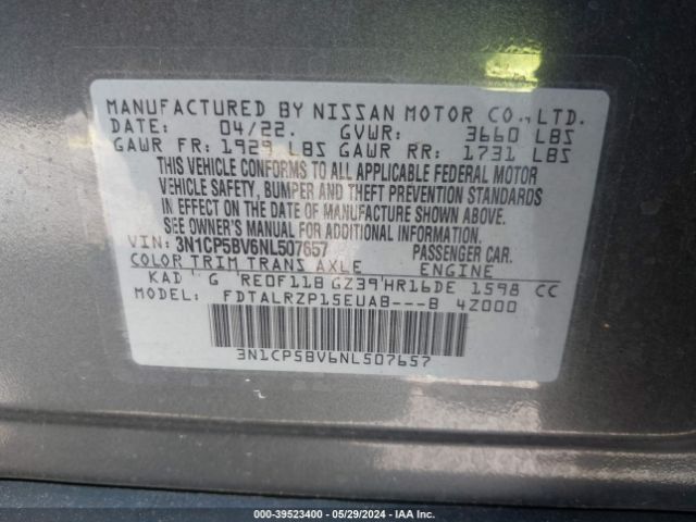 3N1CP5BV6NL507657 Nissan Kicks S Xtronic Cvt