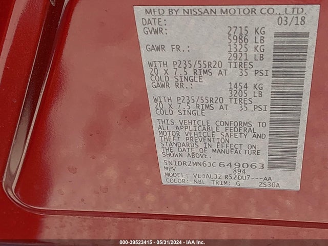 Nissan Pathfinder Platinum 2018 5N1DR2MN6JC649063 Image 9