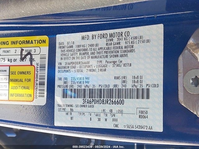 Ford FUSION SE 2018 3FA6P0HD8JR266600 Image 9