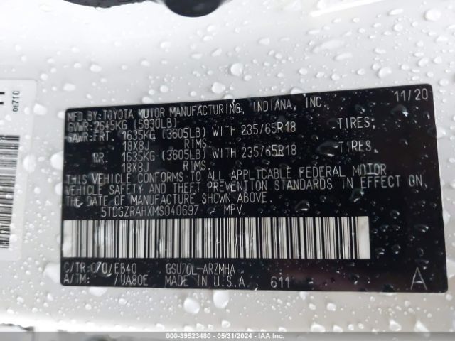 5TDGZRAHXMS040697 Toyota Highlander Xle