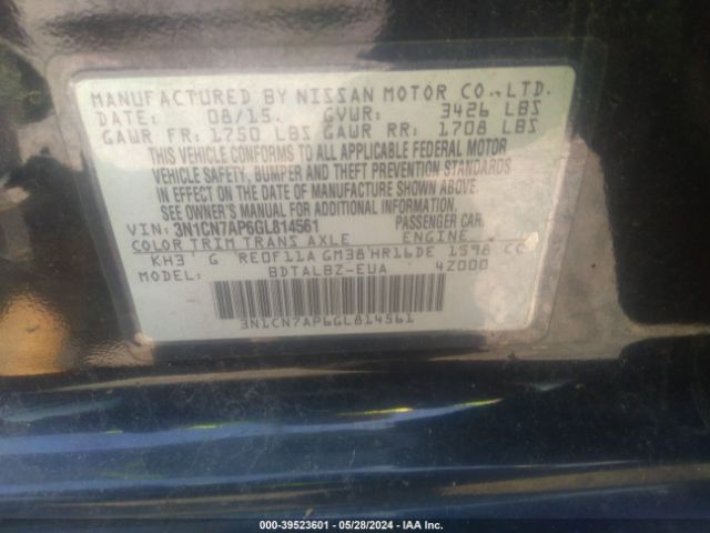 3N1CN7AP6GL814561 Nissan Versa 1.6 S/1.6 S+/1.6 Sl/1.6 Sv
