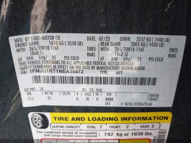 Ford Expedition Timberline 2022 1FMJU1RT1NEA39472 Image 9