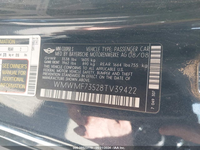 2008 MINI COOPER S WMWMF73528TV39422 Photo 8