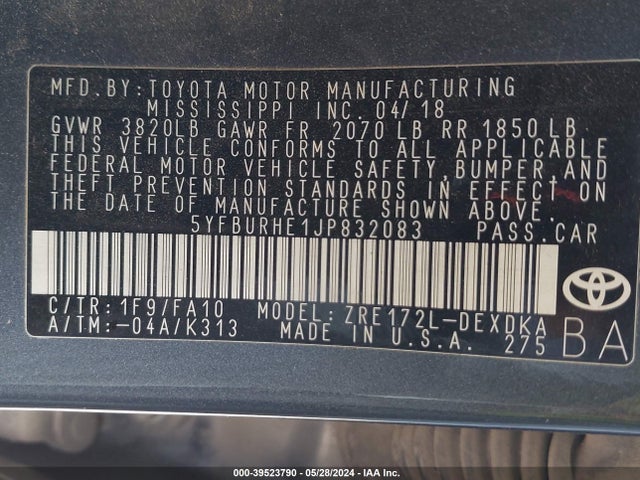 Toyota COROLLA L 2018 5YFBURHE1JP832083 Image 9