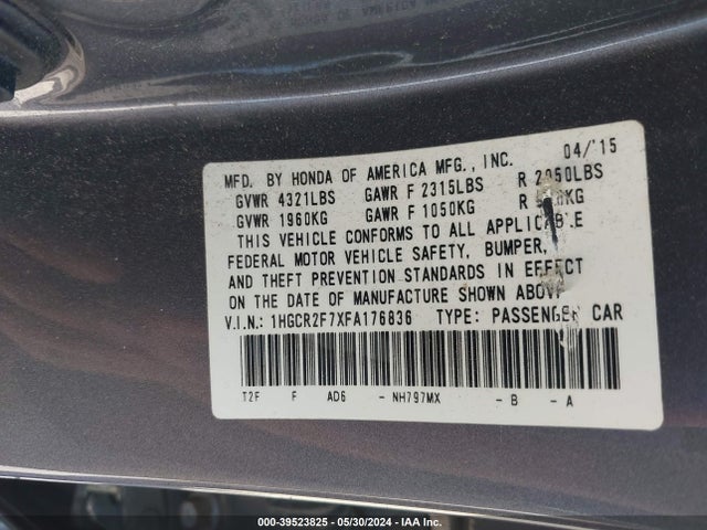 Honda ACCORD EX 2015 1HGCR2F7XFA176836 Image 9