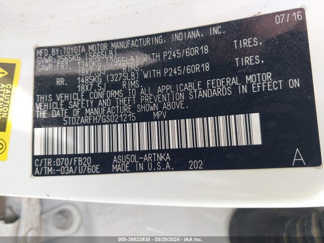 Toyota Highlander Le 2016 5TDZARFH7GS021215 Image 9