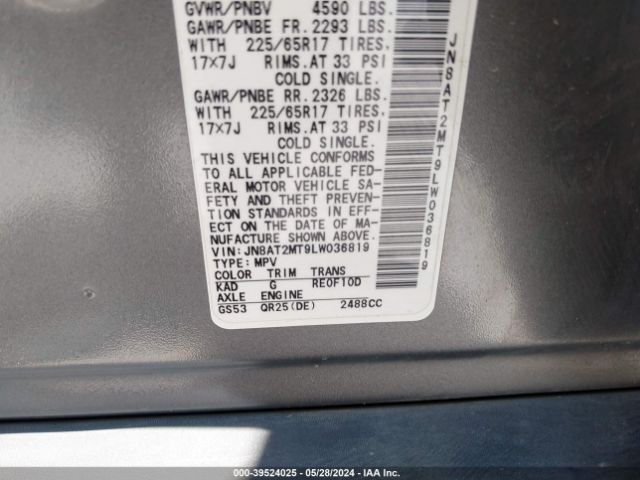 JN8AT2MT9LW036819 Nissan Rogue S Fwd