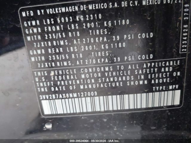 3VV2B7AX8NM127009 Volkswagen Tiguan 2.0t Se